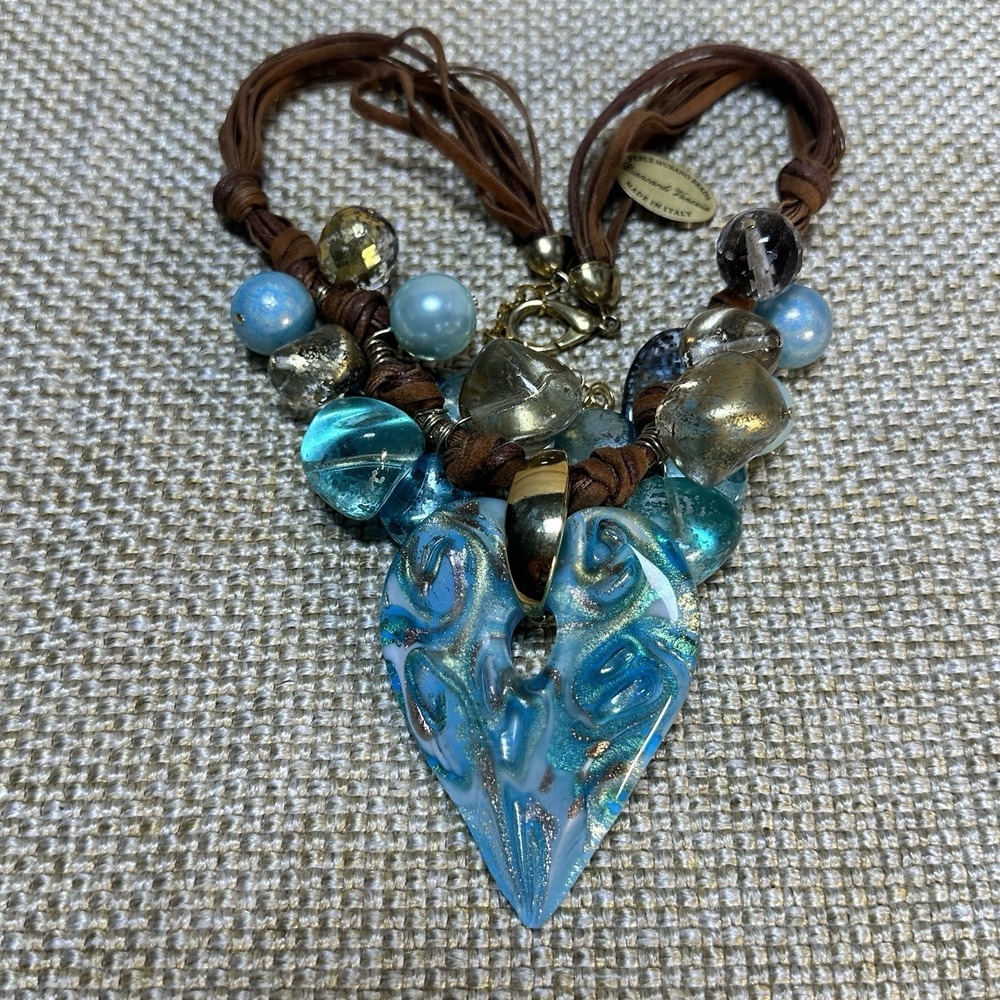 NEW Perle murano glass heart pendant necklace Signed‎ AQUA blue gold Guild Italy